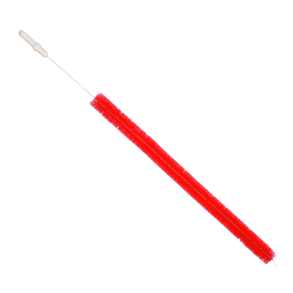 The Haug radiator brush 1200 x 55 mm, manufactured by Haug Bürsten KG, features dust-binding red bristles on a long, flexible white handle. This thin cleaning brush is ideal for cleaning narrow spaces or pipes.
