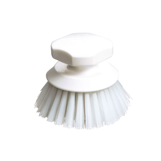 The Haug Bürsten KG Haug Knob Brush, 90 x Ø120 mm, features a white hexagonal handle and a round base. Its densely packed bristles fan outwards, making it ideal for cleaning tasks and ensuring optimal hygiene when scrubbing.