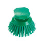 The Haug button brush 90 x Ø120 mm full color from Haug Bürsten KG is a green scrubbing brush with stiff bristles made of PBT trim and a rounded handle that ensures hygiene.