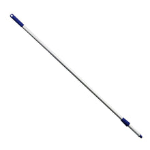 A broom handle METAL DETECT PREMIUM aluminum handle 1450 x Ø25 0 from Haug Bürsten KG, HACCP standard compliant, has blue plastic grips at both ends and leans diagonally against a clean white background.