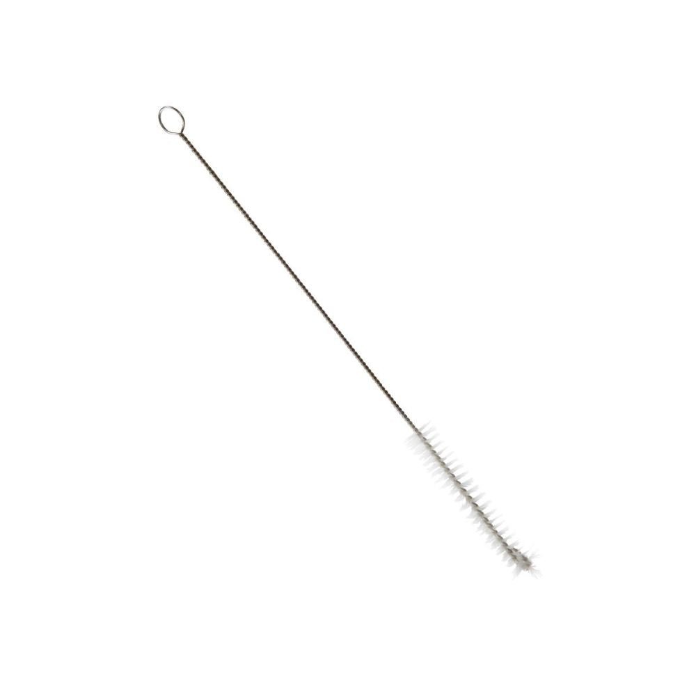 The Haug Bürsten KG test tube brush soft with dimensions 300 x Ø20 mm features a V2A stainless steel wire handle and white bristles for hygienic cleaning. It has a loop for hanging.
