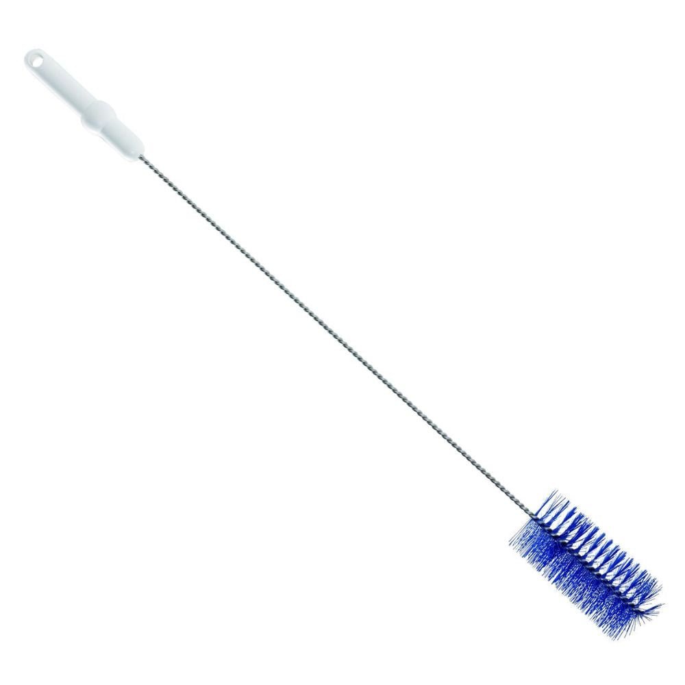 The pipe brush from Haug Bürsten KG has a white handle, a metal shaft, and blue bristles. Its cylindrical design, featuring a durable V2A stainless steel wire construction, is perfect for cleaning tight or hard-to-reach areas.
