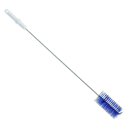 The pipe brush from Haug Bürsten KG has a white handle, a metal shaft, and blue bristles. Its cylindrical design, featuring a durable V2A stainless steel wire construction, is perfect for cleaning tight or hard-to-reach areas.