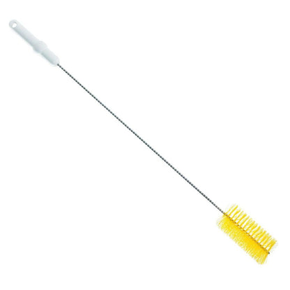 The Haug PBT pipe brush from Haug Bürsten The KG, measuring 700 x Ø60 mm, has yellow cylindrical bristles for effective cleaning and a white handle with a hook for easy hanging.