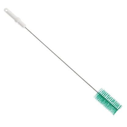 The Haug Bürsten The KG Haug PBT bottle brush, measuring 700 x Ø60 mm, is a long, narrow bottle brush with a white plastic handle and green bristles. It features a stainless steel wire connecting the handle to the bristles, making it ideal for cleaning bottles or similar containers against a plain white background.