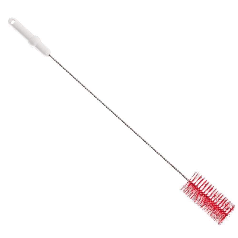 The Haug Bürsten The KG PBT pipe brush features densely packed red bristles and a white plastic handle, making it ideal for cleaning tight spaces or pipes.