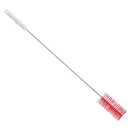 The Haug Bürsten The KG PBT pipe brush features densely packed red bristles and a white plastic handle, making it ideal for cleaning tight spaces or pipes.
