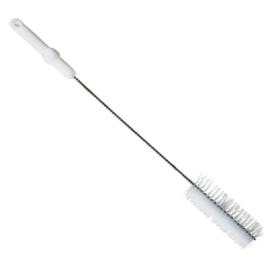 The Haug PBT tube brush from Haug Bürsten KG features a thin design with densely packed bristles, perfect for cleaning narrow containers. It has a white plastic handle reinforced with V2A stainless steel wire and a loop for easy hanging.