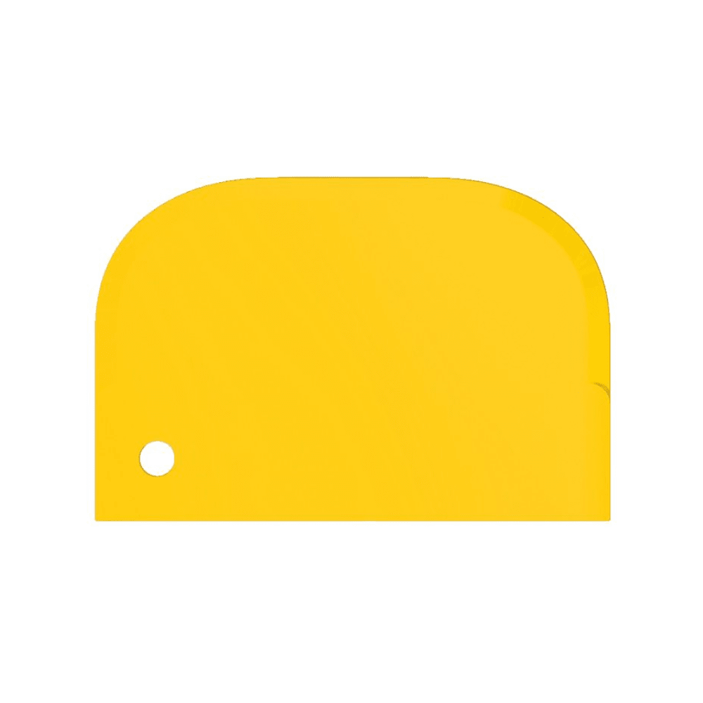 The Haug scraper small 15 x 10 cm from Haug Bürsten KG is a bright yellow, rectangular dough scraper made of plastic with rounded edges, perfect for removing stubborn residues. It features a small round hole in the lower left corner and has a smooth, shiny surface. This product complies with food-grade standards.
