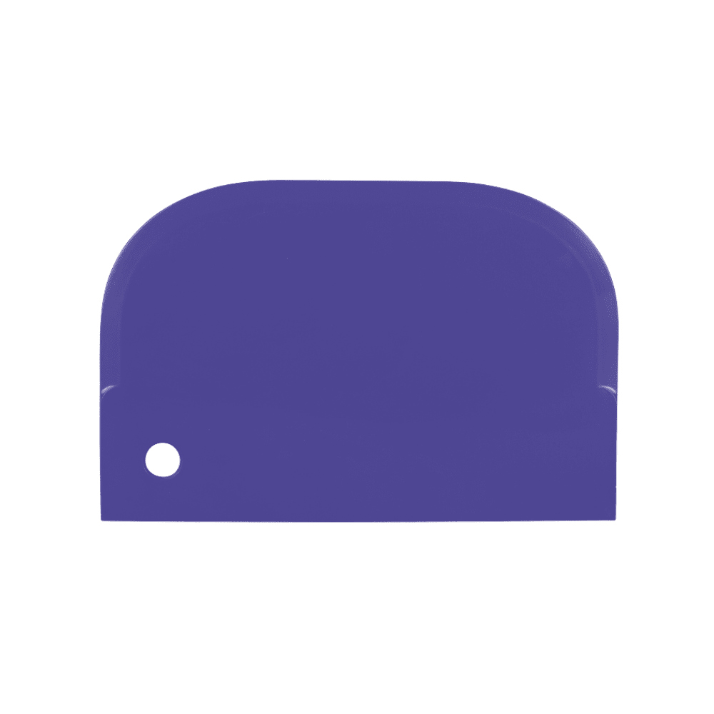 A small purple dough scraper made of plastic from Haug Bürsten KG with a practical hole in the corner on a white background. It is not only perfect for baking but also food-safe and excellent for removing stubborn dirt.