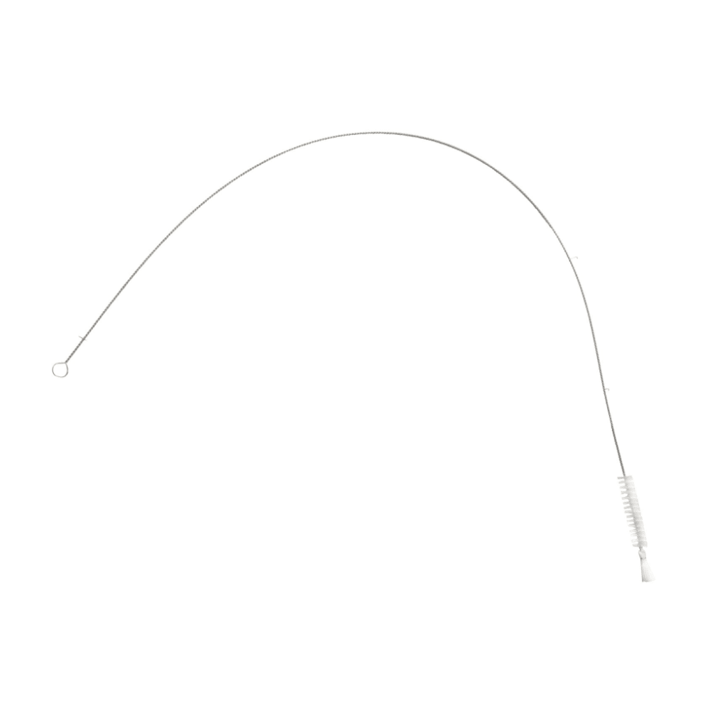 The Haug Nylon 6.0 Transparent Hose Brush features a flexible, thin wire with a small loop handle at one end and white nylon bristles at the other end. The slightly curved wire meets HACCP hygiene standards, making it ideal for cleaning pipelines. This product from Haug Bürsten KG measures 1200 x ø15 mm and is delivered in a package containing one piece.