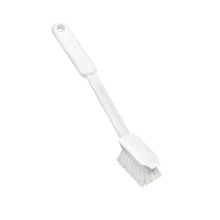 The Haug Narrow Nylon Dish Brush Medium Hard White by Haug Bürsten KG is a white plastic cleaning brush with durable nylon bristles and a long handle with a hanging hole, ideal for professional cleaning. Size: 255 x 33 x 70 mm.