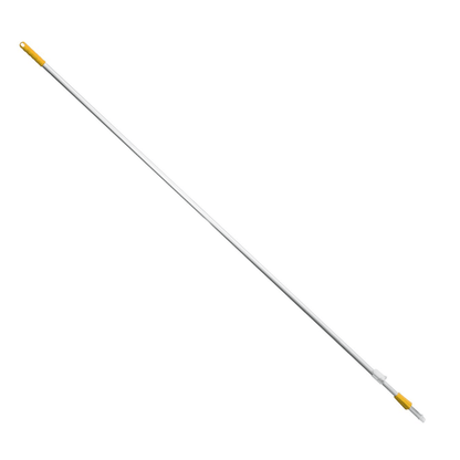 The telescopic handle, available in various colors, extendable from 2180 to 4000 mm with a diameter of 25/22 mm from the company Haug Bürsten KG, features a long, white telescopic construction with a yellow handle at one end and a threaded tip at the other end, making it ideal for attaching various cleaning tools.