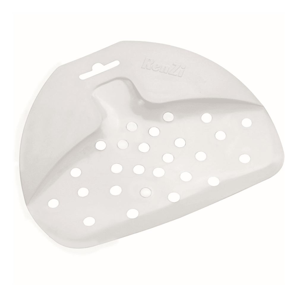 The Haug plate scraper PP from Haug Bürsten KG is a white triangular plastic drip tray made of polypropylene. It features round holes that are ideal for draining cutlery or small kitchen utensils, with an engraved logo on the surface and a notch at the top for easy hanging. This product complies with HACCP guidelines and is delivered in a package with one piece in the format 160 x 180 mm.