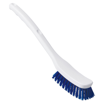 Depicted is a white Haug Universal brush (Haug Bürsten KG) made of plastic with HACCP-compliant blue PBT bristles and a long handle.