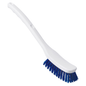 Depicted is a white Haug Universal brush (Haug Bürsten KG) made of plastic with HACCP-compliant blue PBT bristles and a long handle.