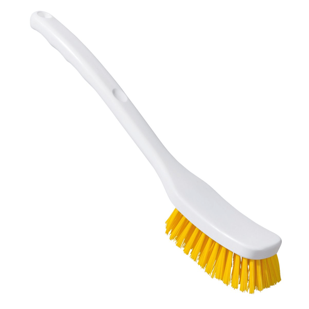 On a simple white background is a white plastic brush, the Haug Universal brush PBT wide from Haug Bürsten KG, with a long handle and yellow PBT bristles depicted.
