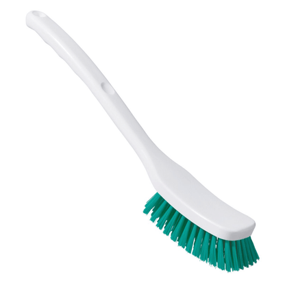 The Haug Universal brush PBT of Haug Bürsten KG is a white plastic cleaning brush with a long handle and green PBT bristles, depicted on a white background.
