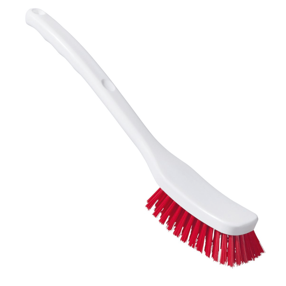 The universal brush from Haug Bürsten KG has a white, slightly curved handle for a firm grip and side-angled red PBT bristles. Its dense bristle arrangement ensures effective cleaning and is HACCP-compliant, combining efficiency and hygiene.