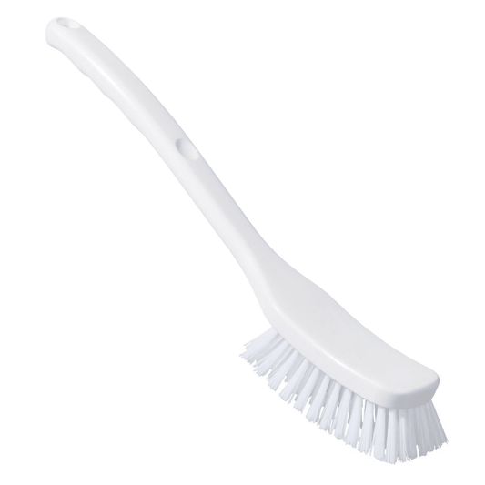 A Haug Bürsten KG Universal brush PBT, 295x40x55 mm with ø 0.35 stiff PBT bristles and a long handle, is depicted diagonally against a solid background and thus meets HACCP-compliant standards. The color is white.