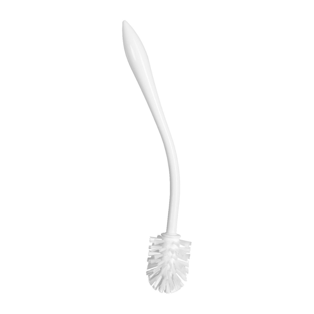 The Haug urine bottle brush PP PBT from Haug Bürsten KG is made of durable polypropylene and features a curved handle and dense bristles, ideal for thorough cleaning.