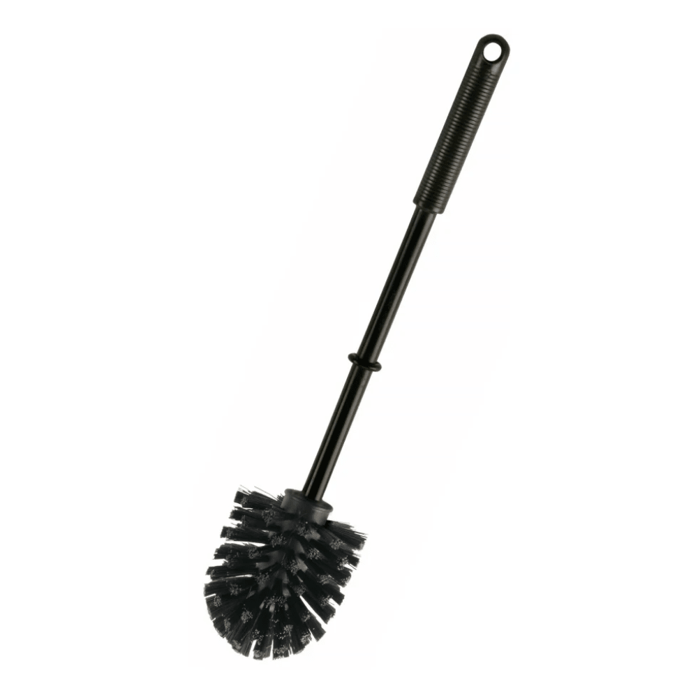 A Haug WC round brush small ø 75 mm PP black, manufactured by Haug Bürsten KG, features a long polypropylene handle with a round bristle head and includes a small hole for easy hanging.