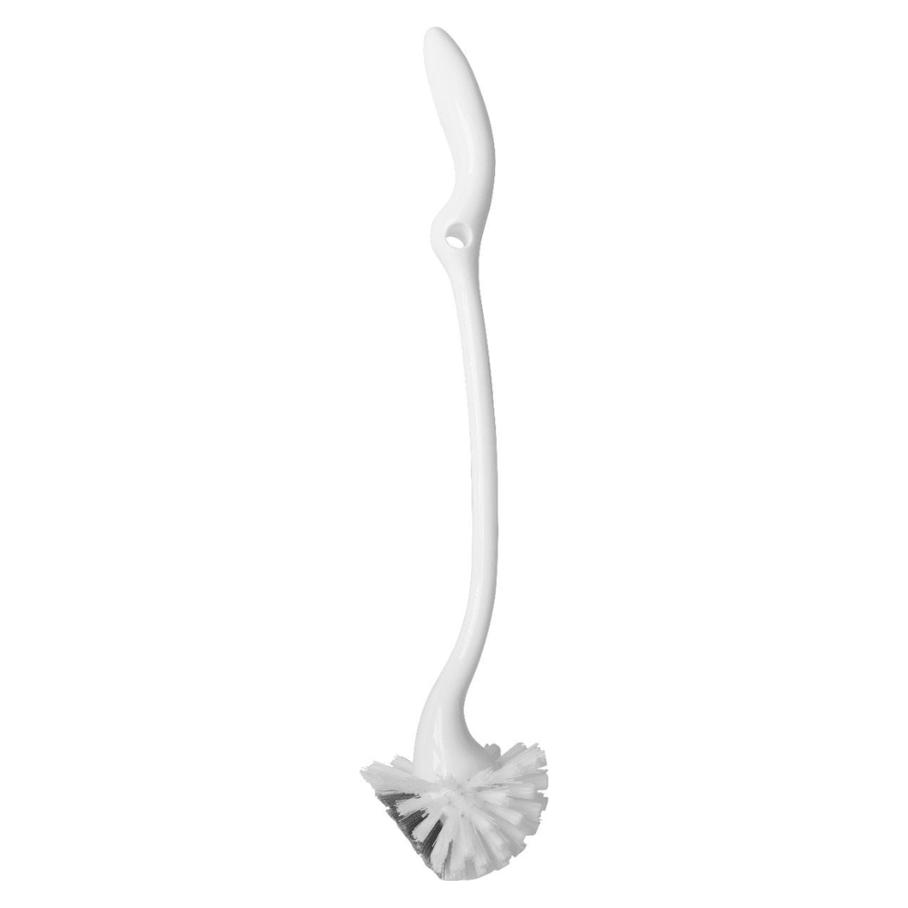 A HACCP-certified Haug round toilet brush for cleaning siphons, made of white PP with a curved handle and a round bristle head, is displayed against a plain white background.