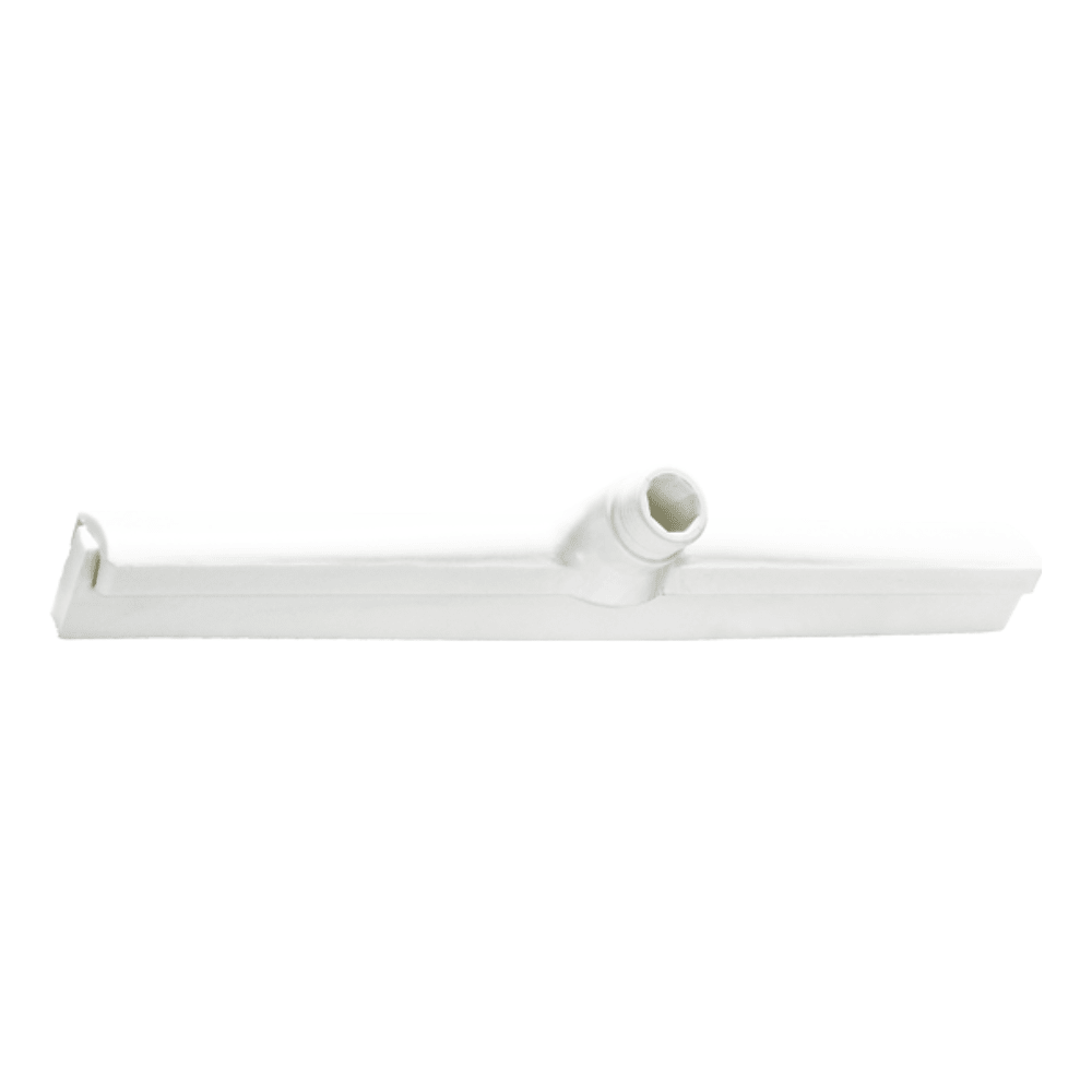 We present the Haug Bürsten KG water squeegee with interchangeable double-lip profile, a high-quality squeegee in white plastic design with a straight, flat edge and central handle attachment, ideal for hygienic applications. This reliable tool ensures efficient cleaning performance every time.