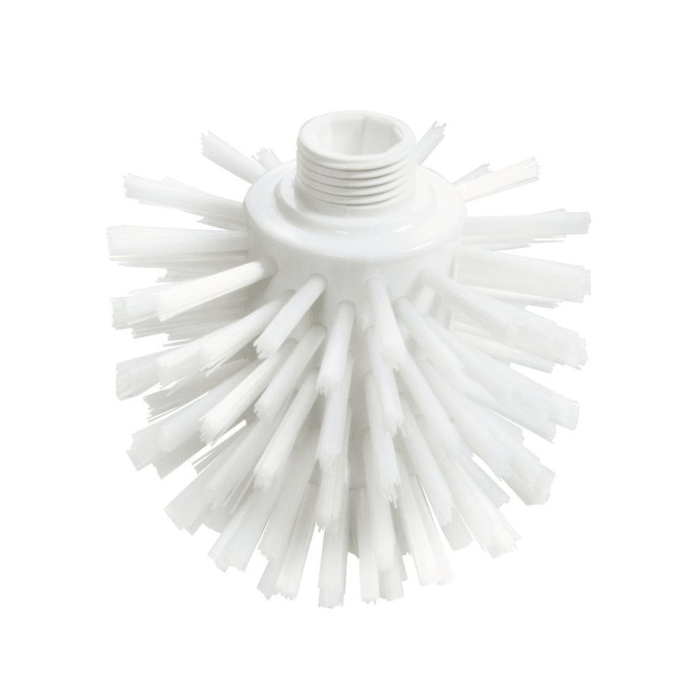 This Haug Wolf brush PP PBT Ø0.50 mm Hard 135xØ120 mm from Haug Bürsten KG features a round brush head with outwardly fanned, stiff bristles, making it perfect for cleaning tasks. It also has a threaded connection at the top for easy attachment of the handle, ideal for food-safe environments.