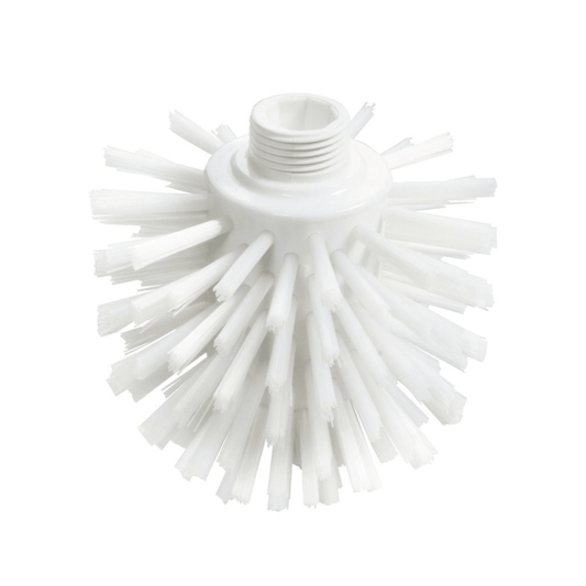 This Haug Wolf brush PP PBT Ø0.50 mm Hard 135xØ120 mm from Haug Bürsten KG features a round brush head with outwardly fanned, stiff bristles, making it perfect for cleaning tasks. It also has a threaded connection at the top for easy attachment of the handle, ideal for food-safe environments.