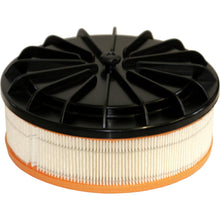The Arcora M5Plus replacement HEPA filter from Arcora International GmbH is a round filter with an orange base, white pleated HEPA material, and a black lid with radial support ribs.