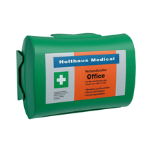 The Holthaus Medical Betriebsverbandkasten Office DIN 13157 from Holthaus Medical GmbH & Co. KG comes in a green case with the label "Office". With wall mounting options and contents according to DIN 13157, it is perfectly suitable for businesses, construction sites, offices, schools, and kindergartens.
