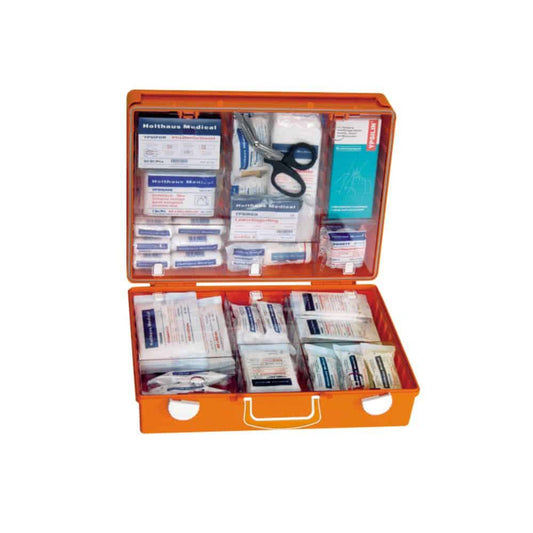 A Holthaus Medical First Aid Kit MULTI from Holthaus Medical GmbH & Co. KG in an open orange case contains various medical supplies, including bandages, gauze compresses, adhesive tape, scissors, gloves, antiseptic wipes, and instructions for use. This first aid kit is divided into compartments to keep the items in place.