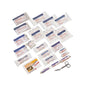 On a white surface, there is a collection of first-aid items from Holthaus Medical GmbH & Co. KG laid out, which is ideal as a refill kit for car first-aid kits. The Holthaus Medical Vehicle Refill Kit DIN 13164 | Package (41 pieces) includes plasters in various sizes, sterile gauze compresses, adhesive tape, antiseptic wipes, scissors, and a first-aid guide according to DIN 13164.