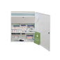 A white metal first aid cabinet, the *Holthaus Medical First Aid Cabinet MEDICUS*, displays various medical items neatly arranged on two shelves when the door is open. The items include adhesive bandages, gauze compresses, antiseptic wipes, scissors, a first aid manual, and a lockable medication compartment.