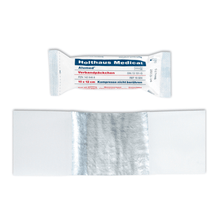 The Holthaus Alumed® dressing pack from Holthaus Medical GmbH & Co. KG is a sterile wound dressing with Alumed coating and is available in various sizes, such as 10x12 cm, with specific reference numbers. Under the packaging, the opened sterile dressing pack is depicted, with its absorbent pad highlighted.