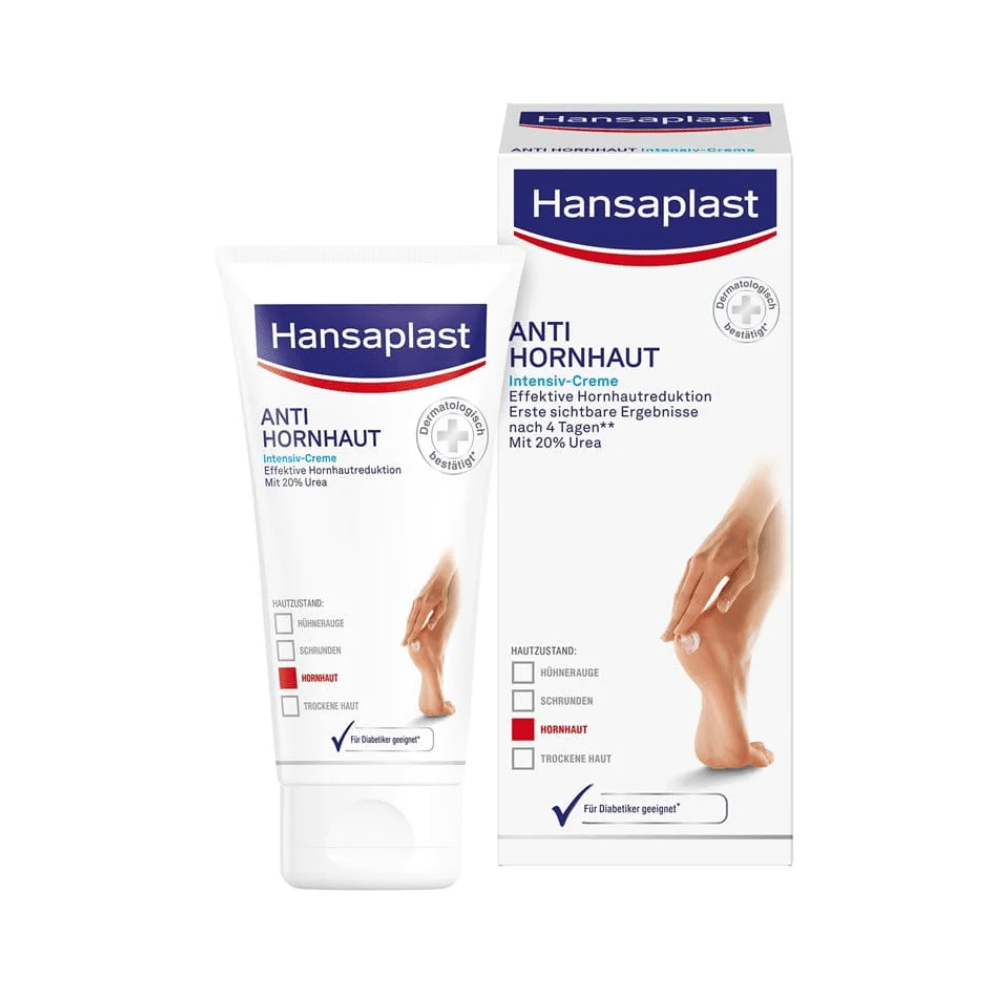 A product image featuring a tube of Holthaus Anti Callus Intensive Cream with 20% Urea by Beiersdorf AG next to the packaging box. On the tube and the box are images demonstrating the skincare properties.