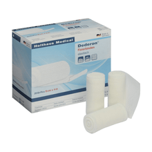 The image shows a box of Holthaus Dederon® fixation bandage from Holthaus Medical GmbH & Co. KG. The box includes an illustration of the bandages and details about this medical product, including that it contains 20 pieces with the dimensions 8 cm x 4 m. In front of the box, three rolled bandages are depicted.