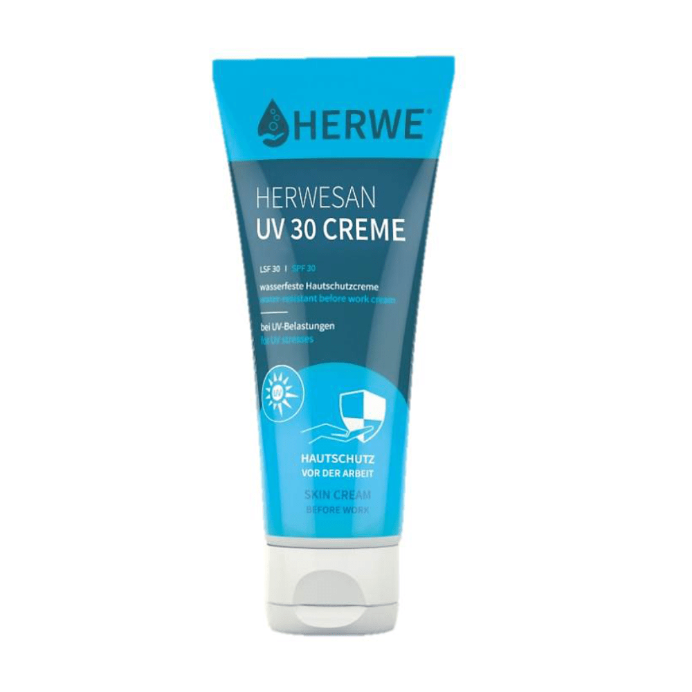 Pictured is a blue and white tube with the inscription "Holthaus", containing "Holthaus Herwesan UV 30 Skin Protection Ointment, waterproof" (100 ml). The tube indicates SPF 30, is waterproof, and is suitable for skin protection before work. The packaging includes UV protection symbols and features a broad-spectrum filter for optimal safety.