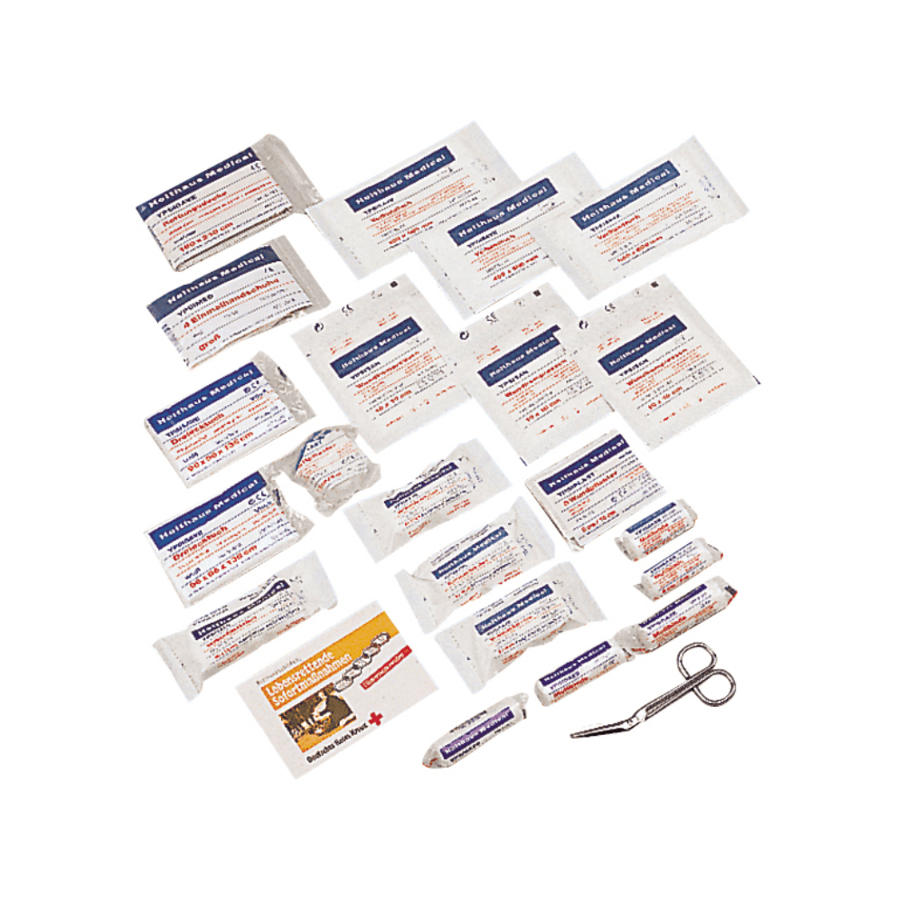 A collection of various first aid items, including bandages, gauze pads, antiseptic wipes, and medical tape, spread out in rows on a white background. The set also includes a small metal scissors and a first aid manual. Ideal for restocking your **Holthaus Medical Refill Kit First Aid Box DIN 13160 | Pack (1 piece)** from **Holthaus Medical GmbH & Co. KG**.