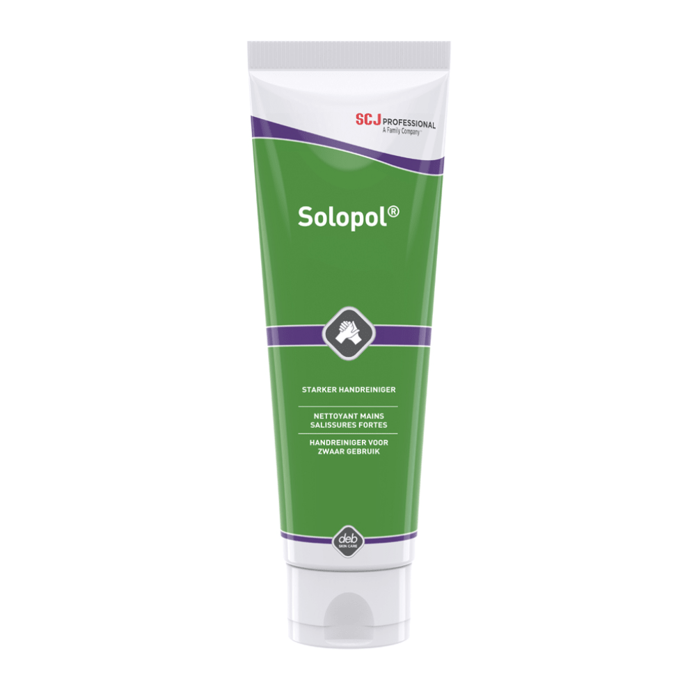 A green 250 ml tube labeled "Holthaus Solopol® Classic Hand Cleaner" with a purple-white design. The tube, manufactured by Holthaus Medical GmbH & Co. KG, is known for its strong cleaning power and has text in multiple languages. On the top of the tube, there is a logo with the inscription "SCJ Professional," while the white cap is conveniently placed at the bottom.
