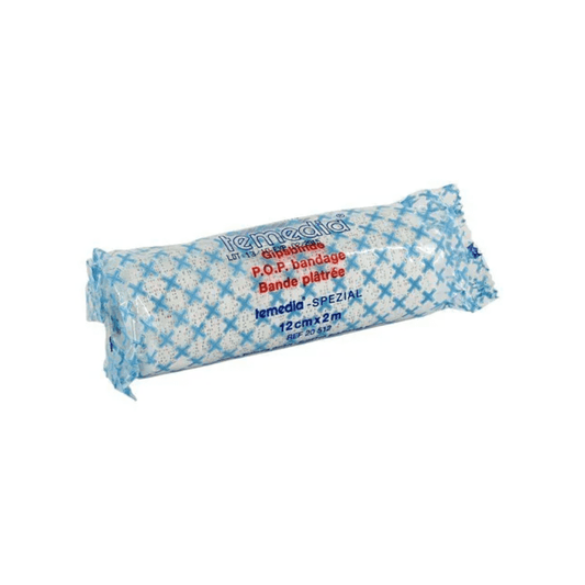 A rolled bandage for immobilization is packed in a blue and white package, bears the inscription "Holthaus Temedia-Special Plaster Bandage - 1 Bandage" and "Bande plâtrée" and measures 12 cm x 2 m. The brand name "Holthaus Medical GmbH & Co. KG" is printed on the packaging, suitable for immobilization in the event of fractures.