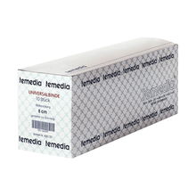 A rectangular box of Holthaus Temedia Universal Bandage, clinic pack 8 cm x 5 m - 10 bandages from Holthaus Medical GmbH & Co. KG, contains 10 bandages. The box is patterned and bears the Temedia logo. With a width of 8 cm and a length of approximately 5 m, these compression bandages are ideal for effective wound care.
