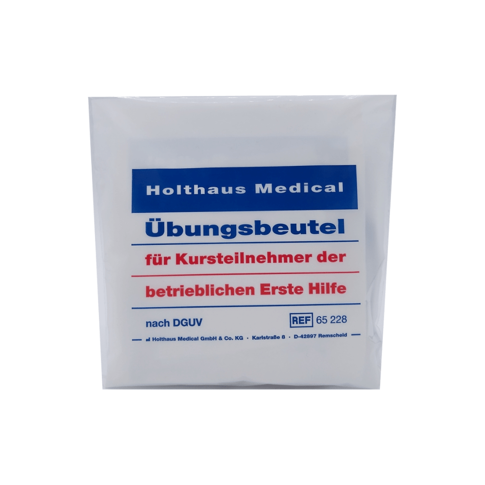 A picture of a white plastic package with blue and red text. The package is labeled "Holthaus practice bag for course participants of company first aid, 8-piece | Package (1 piece)" by Holthaus Medical GmbH & Co. KG, with the reference number "REF 65 228" in the lower right corner.