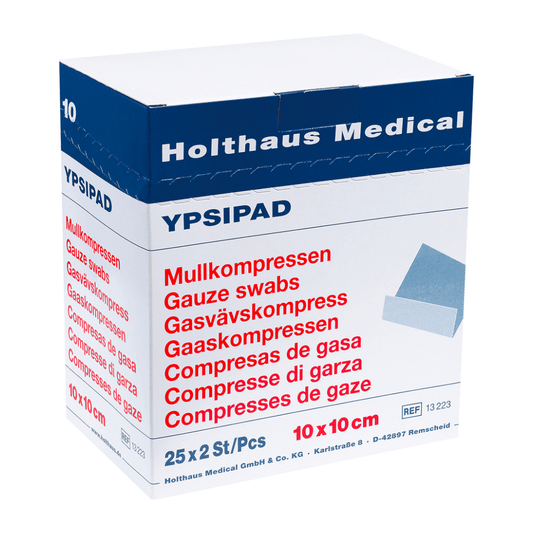 Displayed is a box of Holthaus YPSIPAD gauze compress from Holthaus Medical GmbH & Co. KG. The sterile packaging contains 25 packs, each with 2 gauze swabs measuring 10x10 cm. The text is printed in multiple languages, including German, English, Dutch, and Spanish.