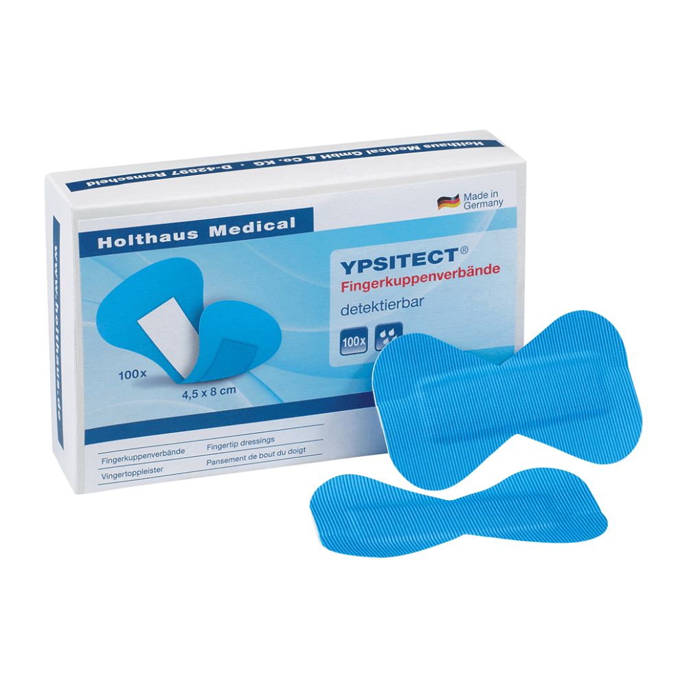 Image of a box of Holthaus YPSITECT® fingertip bandages, water-repellent/detectable by Holthaus Medical GmbH & Co. KG. The box contains 100 pieces, each measuring 4.5 x 8 cm. Next to the box are two blue, water-repellent fingertip bandages. The product is detectable and made in Germany.