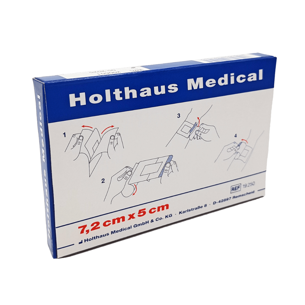 A blue-white box "Holthaus Ypsiderm® plus wound dressing 7.2 x 5 cm - 5 plasters" from Holthaus Medical GmbH & Co. KG contains five plasters. On the box, there is a pictorial step-by-step guide for applying the self-adhesive wound dressing, as well as information about the manufacturer and the reference number 1250.