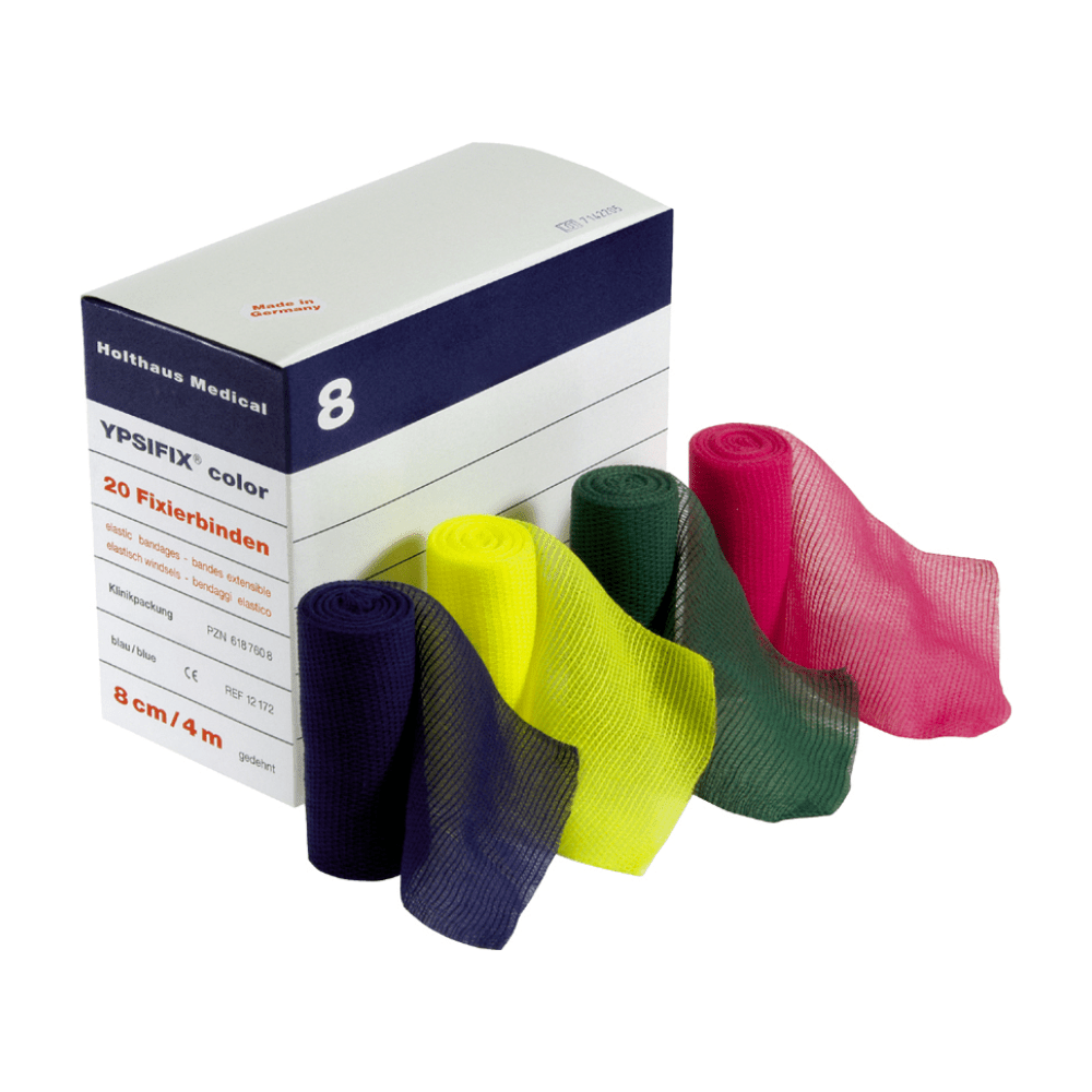 Pictured is a box of Holthaus Ypsifix® color fixation bandages from Holthaus Medical GmbH & Co. KG, on the front of which five elastic fixation bandages in different colors (purple, yellow, green, red, and blue) are depicted. The box contains 20 bandages (Holthaus Ypsifix® color fixation bandage, blue) with the dimensions 8 cm x 4 m.