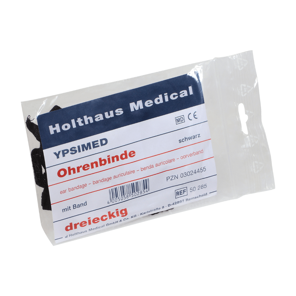 The Holthaus Ypsimed ear bandage from Holthaus Medical GmbH & Co. KG is a packaged ear bandage with the label “Holthaus YPSIMED Ohrenbinde”. The packaging contains a triangular black ear bandage with a band for ear fixation, the PZN number 03024455, and the reference number 50 285.