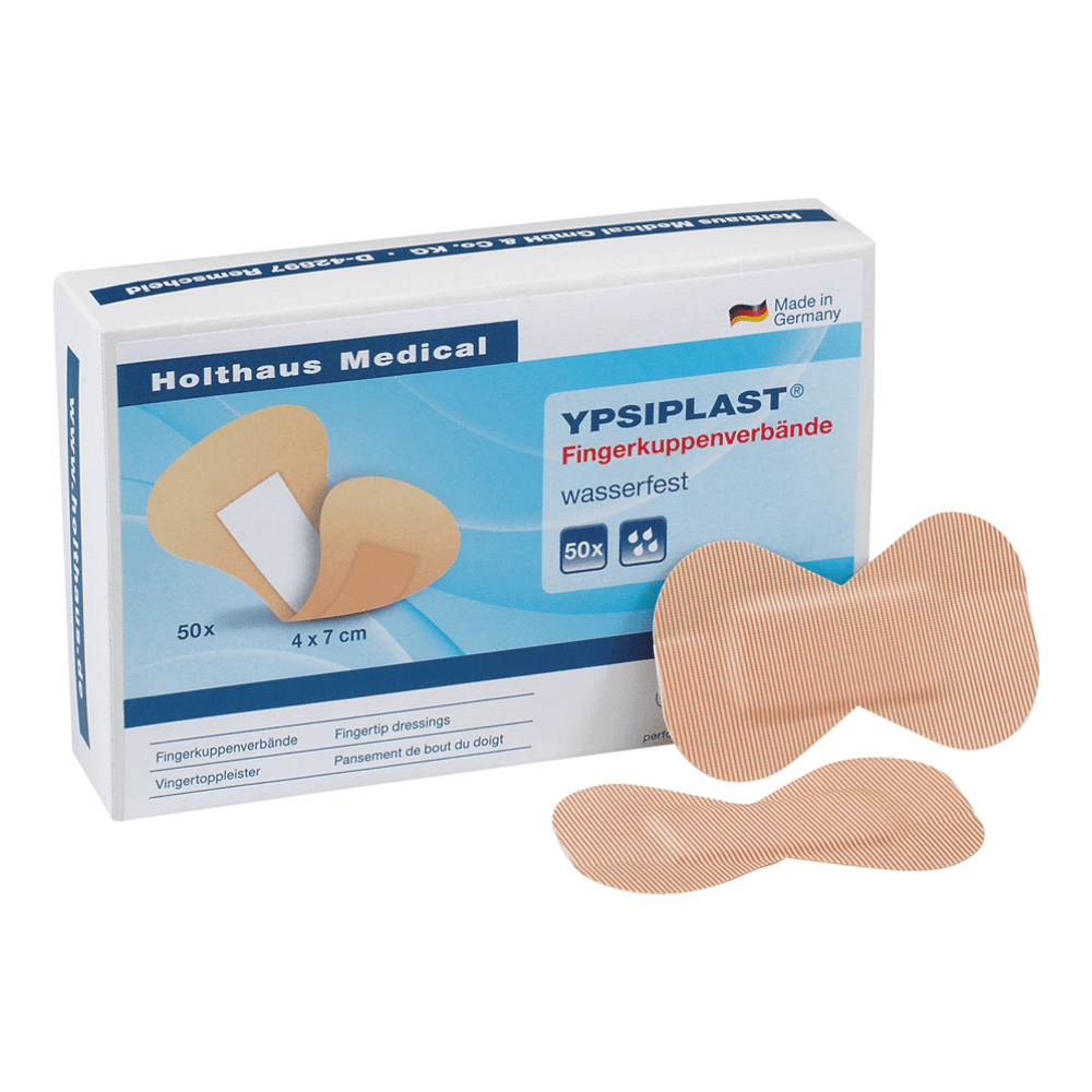 A box of Holthaus Ypsiplast® fingertip bandages, waterproof finger bandages from Holthaus Medical GmbH & Co. KG. The box specifies 50 bandages with dimensions of 4 x 7 cm. In front of the box, two bandages for small injuries with a butterfly-shaped design are depicted. The box is marked "Made in Germany".